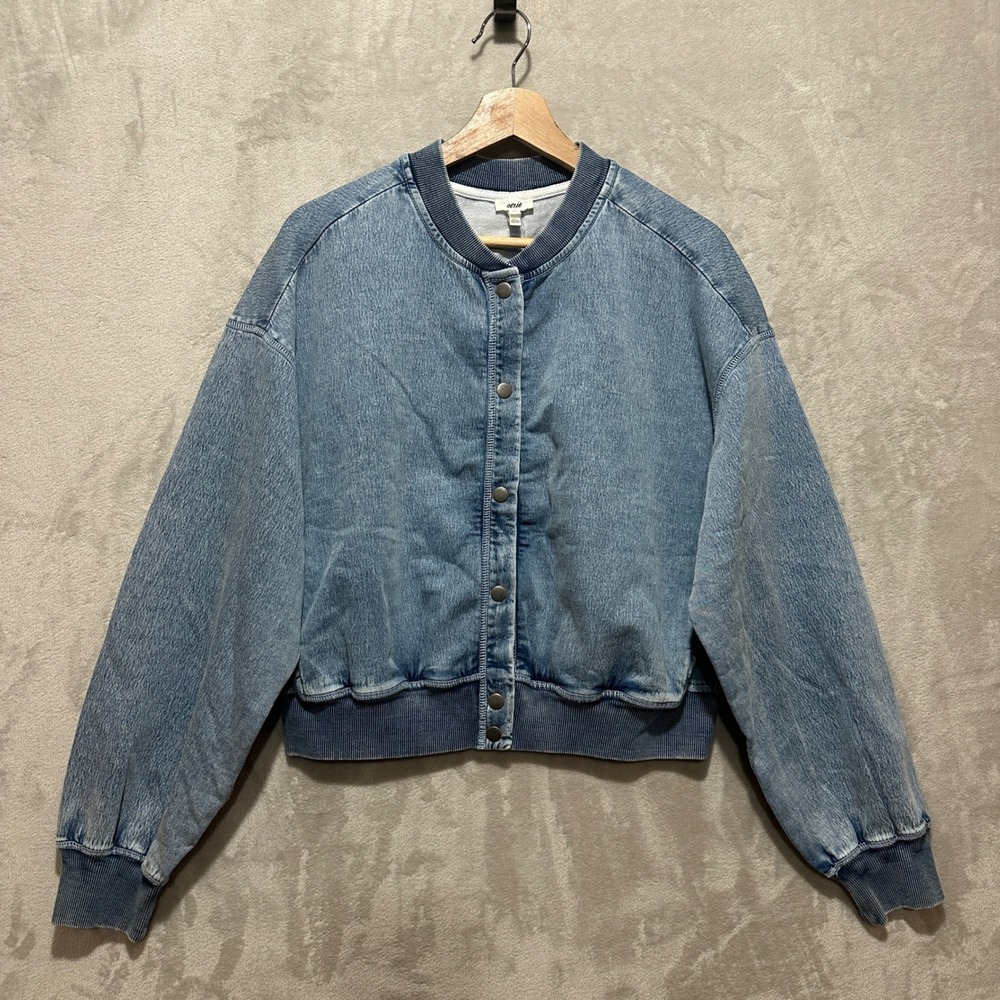 Aerie Denim Bomber Jacket Blue Snap Front Acid Wash Small Petite NEW